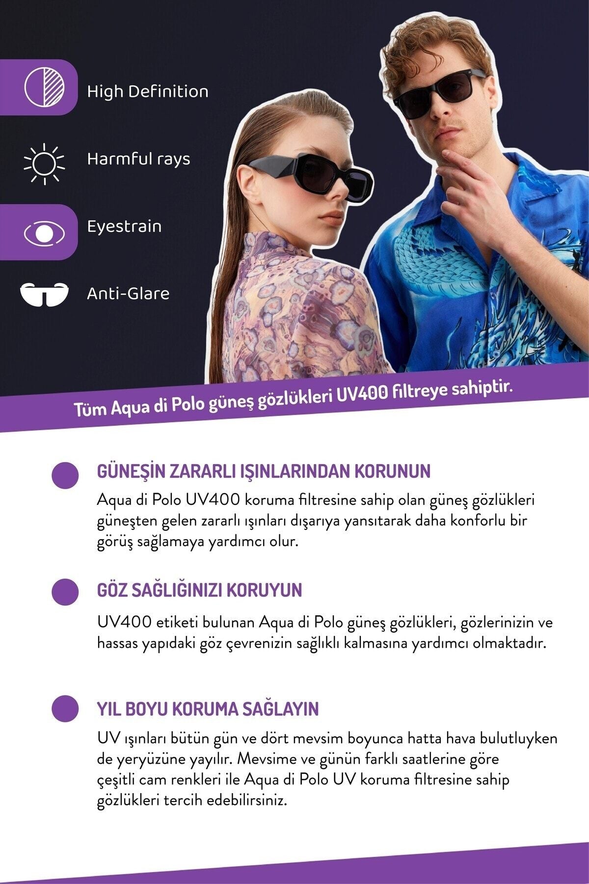 Aqua di Polo Unisex Purple UV 400 Protection Sunglasses