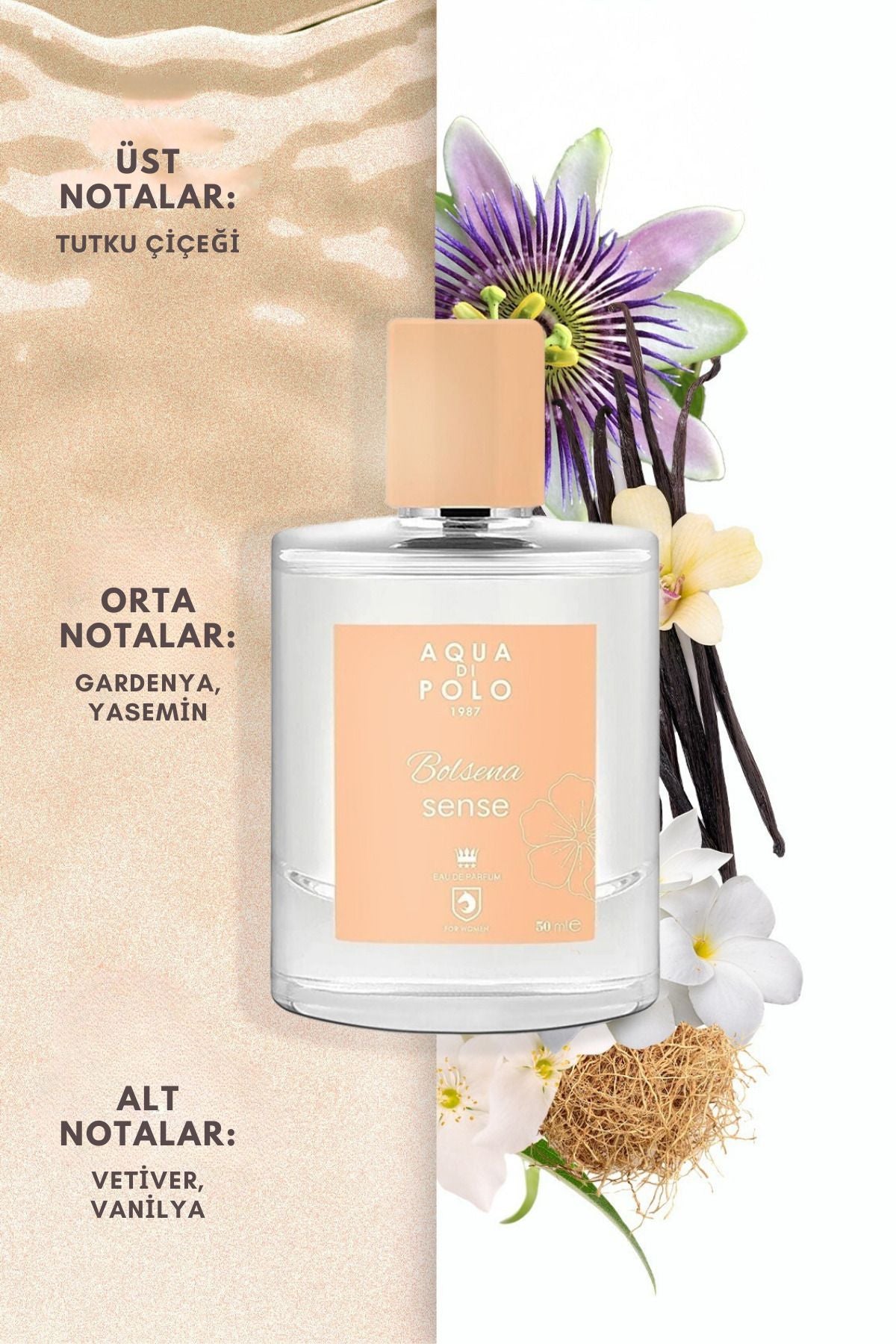 Bolsena Sense EDP Kadın Parfüm 50 ml | Çiçeksi | Tutku Çiçeği, Gardenya, Yasemin, Vetiver, Vanilya