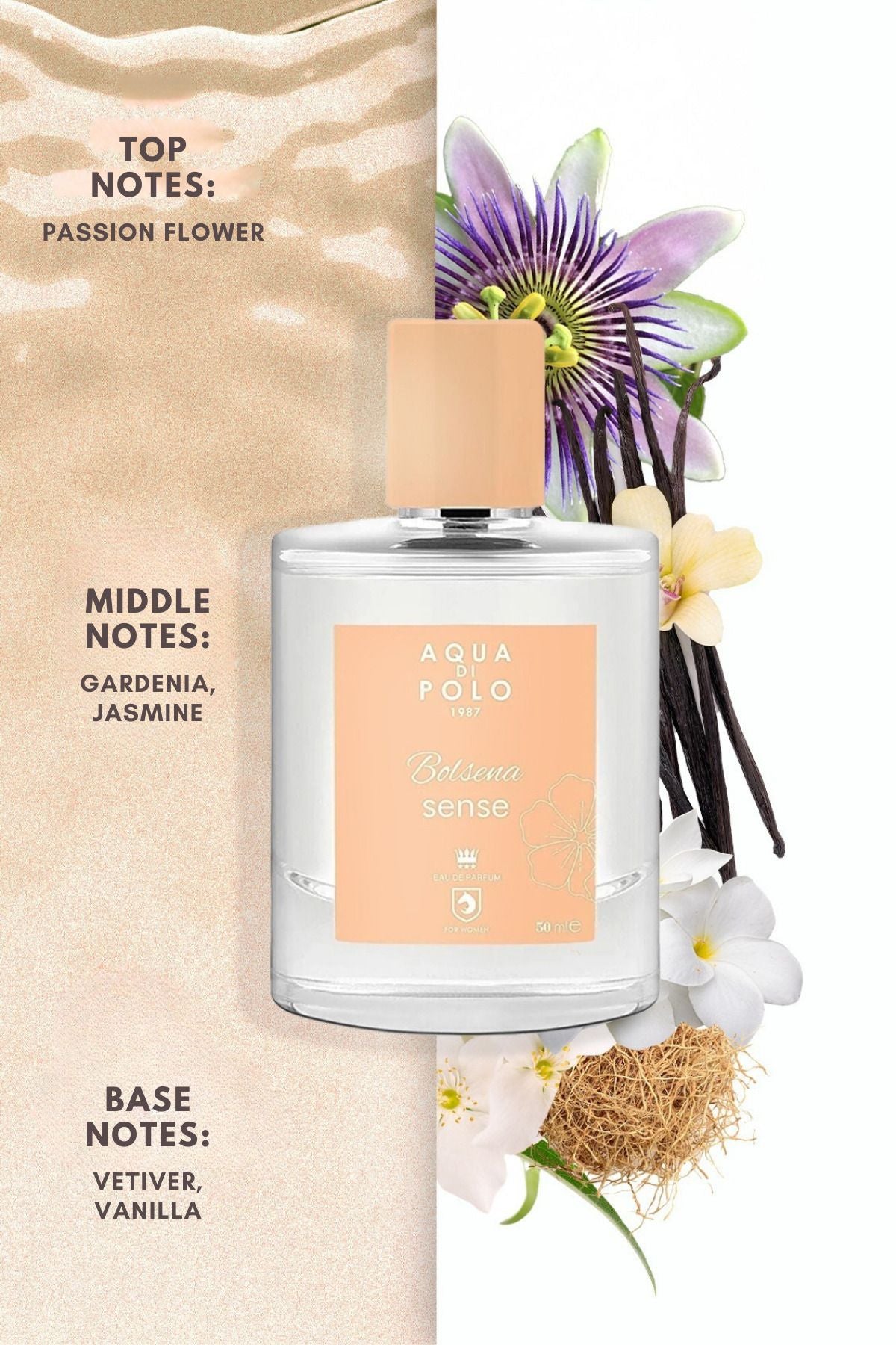 Bolsena Sense EDP Kadın Parfüm 50 ml | Çiçeksi | Tutku Çiçeği, Gardenya, Yasemin, Vetiver, Vanilya