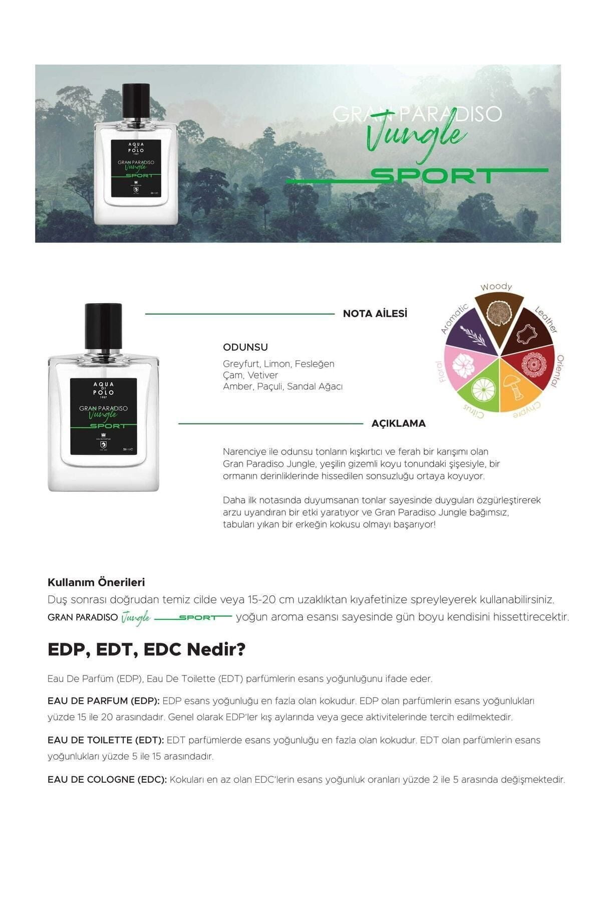 Gran Paradiso Jungle Sport EDP Erkek Parfüm 50ml | Odunsu, Fujer | Greyfurt,Nane,Muskat,Tütsü, Sedir