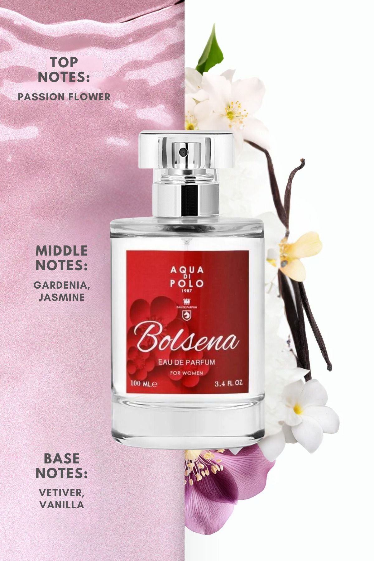 Bolsena EDP Kadın Parfüm 100 ml | Çiçeksi | Tutku Çiçeği, Gardenya, Yasemin, Vanilya, Vetiver