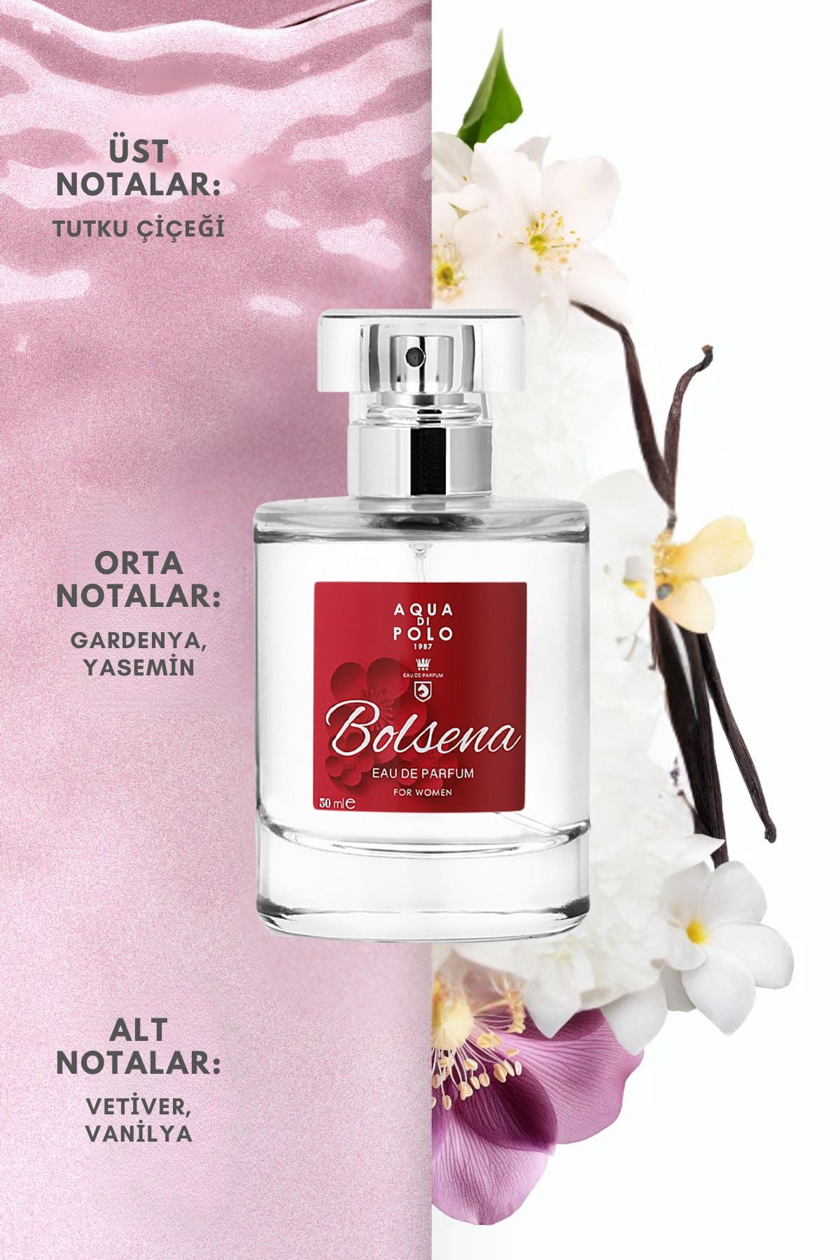 Bolsena EDP Kadın Parfüm 50 ml | Çiçeksi| Tutku Çiçeği, Gardenya, Yasemin, Vanilya, Vetiver