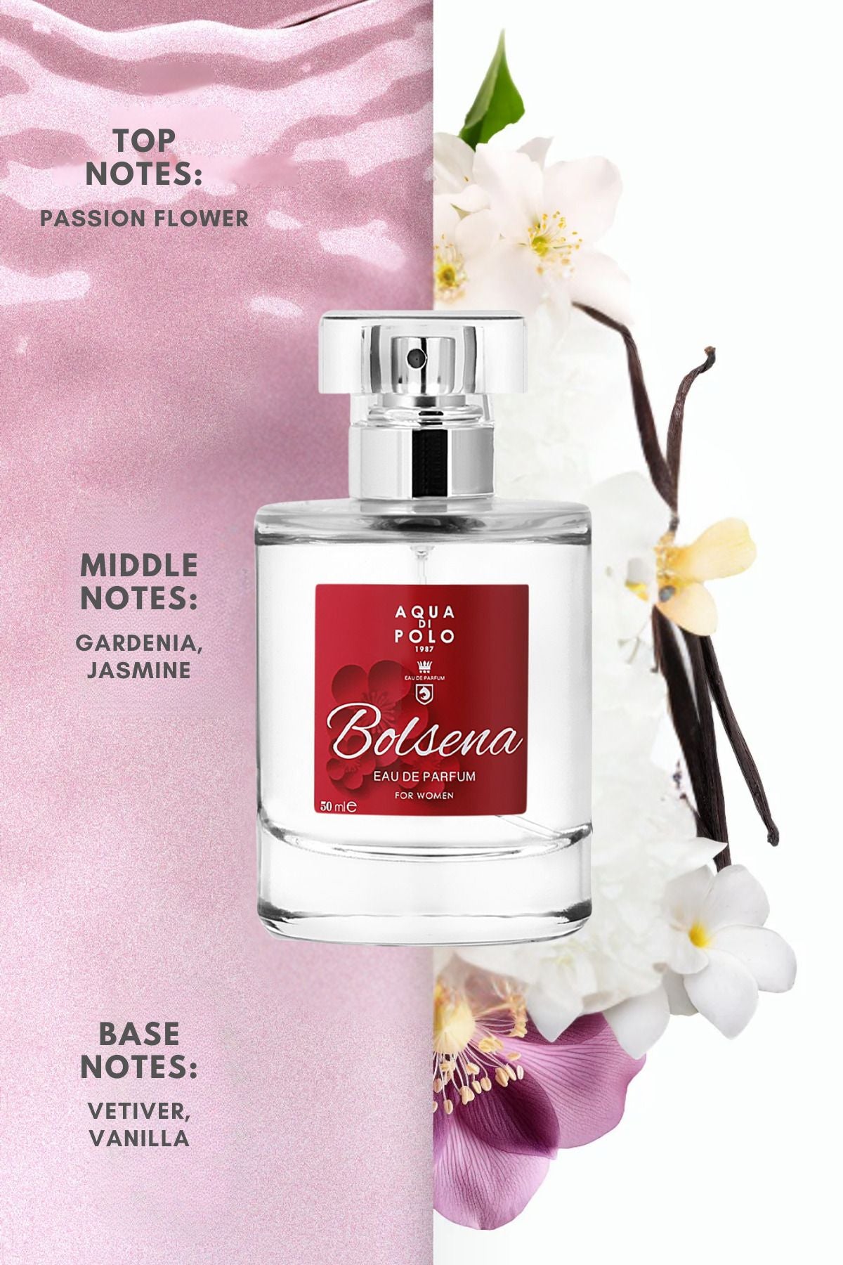 Bolsena EDP Kadın Parfüm 50 ml | Çiçeksi| Tutku Çiçeği, Gardenya, Yasemin, Vanilya, Vetiver