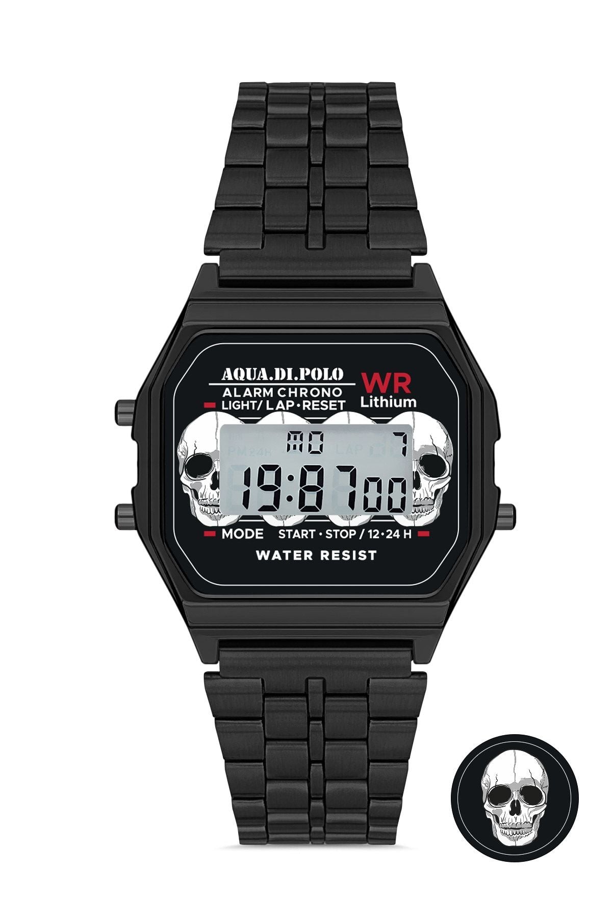Aqua di Polo 1987 Black Metal Retro Skull Unisex Wristwatch APWA064600