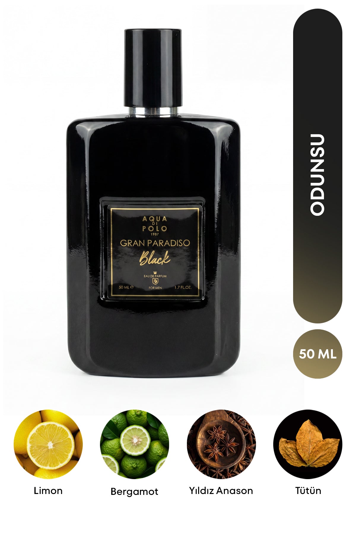 Gran Paradiso Black EDP Erkek Parfüm 50ml | Odunsu, Baharatlı | Limon, Bergamot, Tütün, Deri