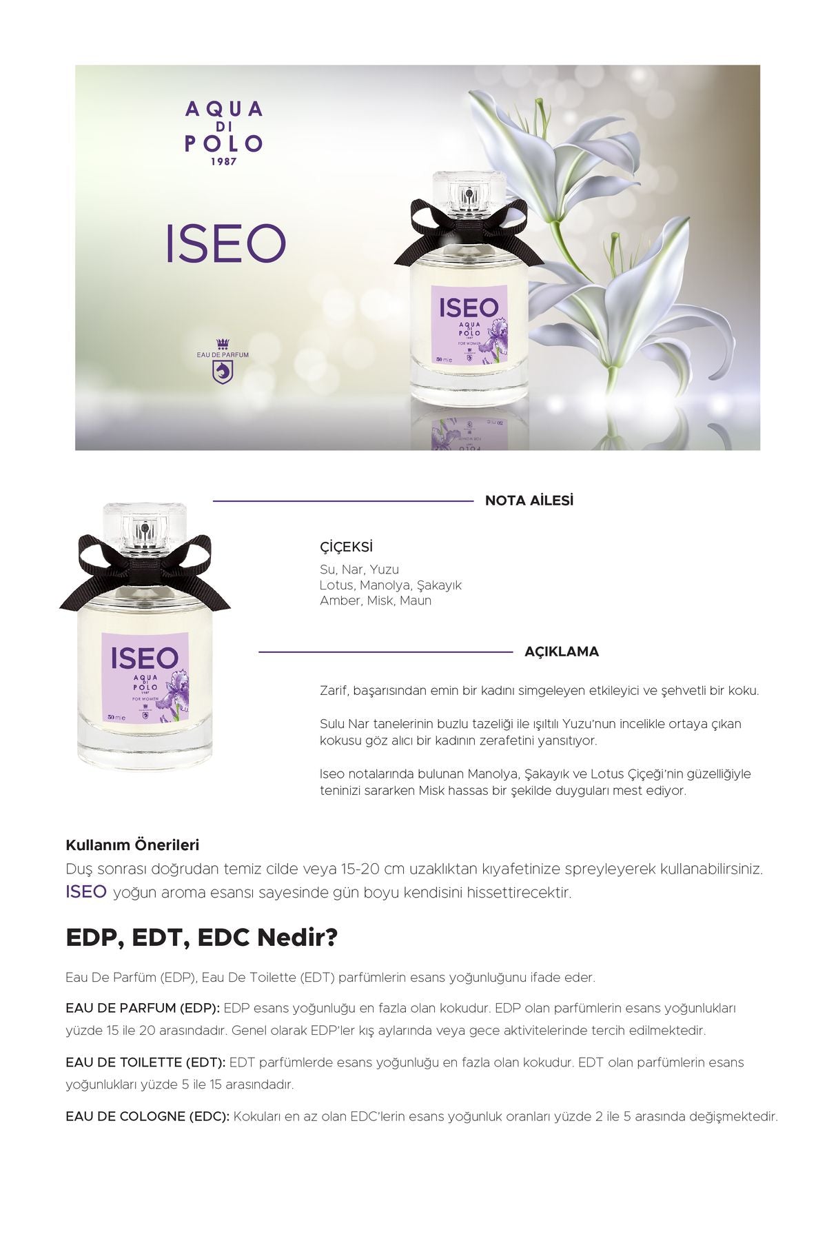 Iseo EDP 24 ml Çanta Boy Kadın Parfümü 4 Adet | Meyveli, Çiçeksi | Nar, Lotus, Manolya, Amber, Misk