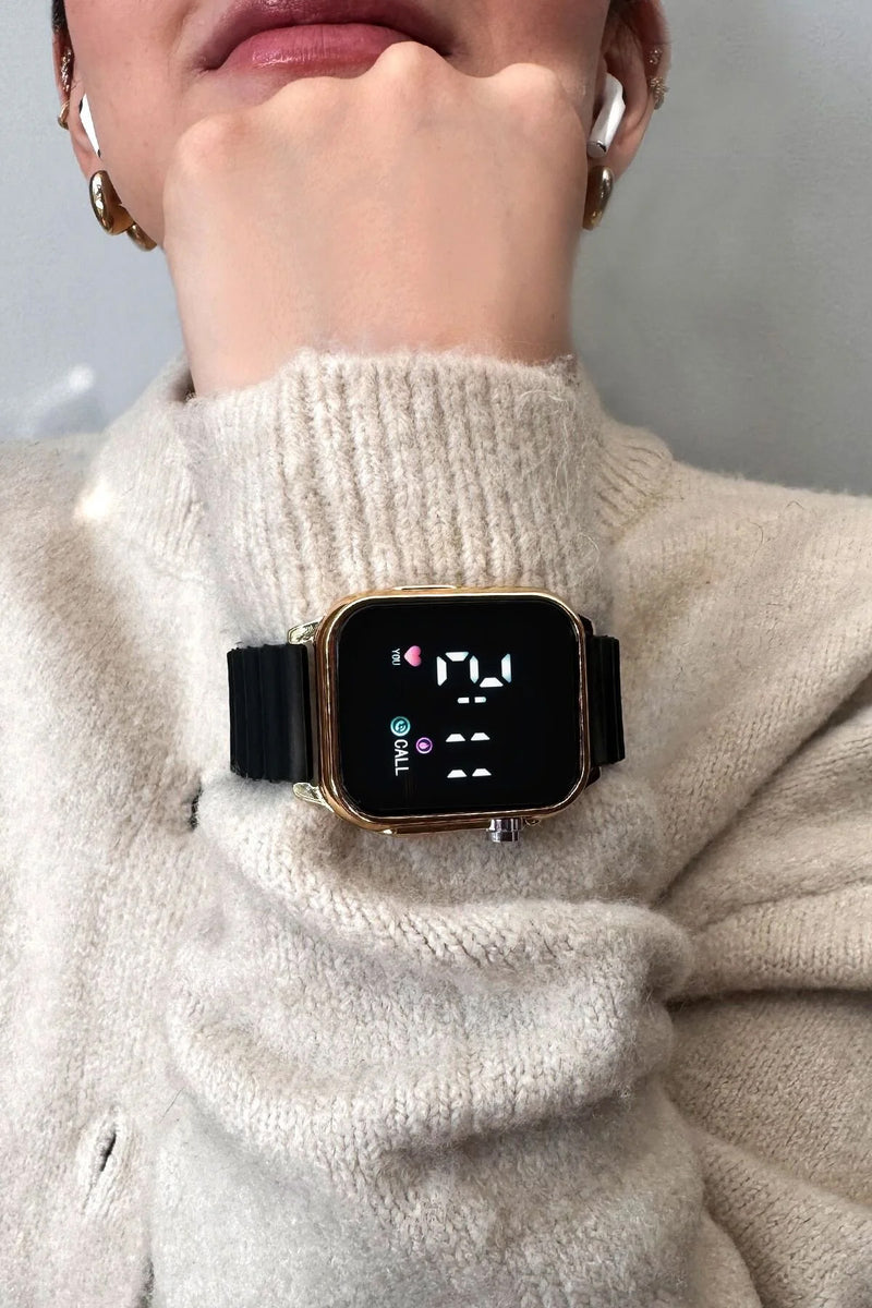 Siyah Gold Silikon Unisex Dijital Led Kol Saati
